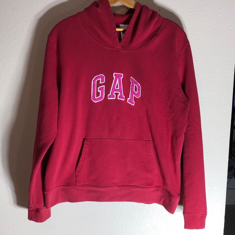 GAP Women's Deep Red Crewneck Hoodie with Pink Applique
